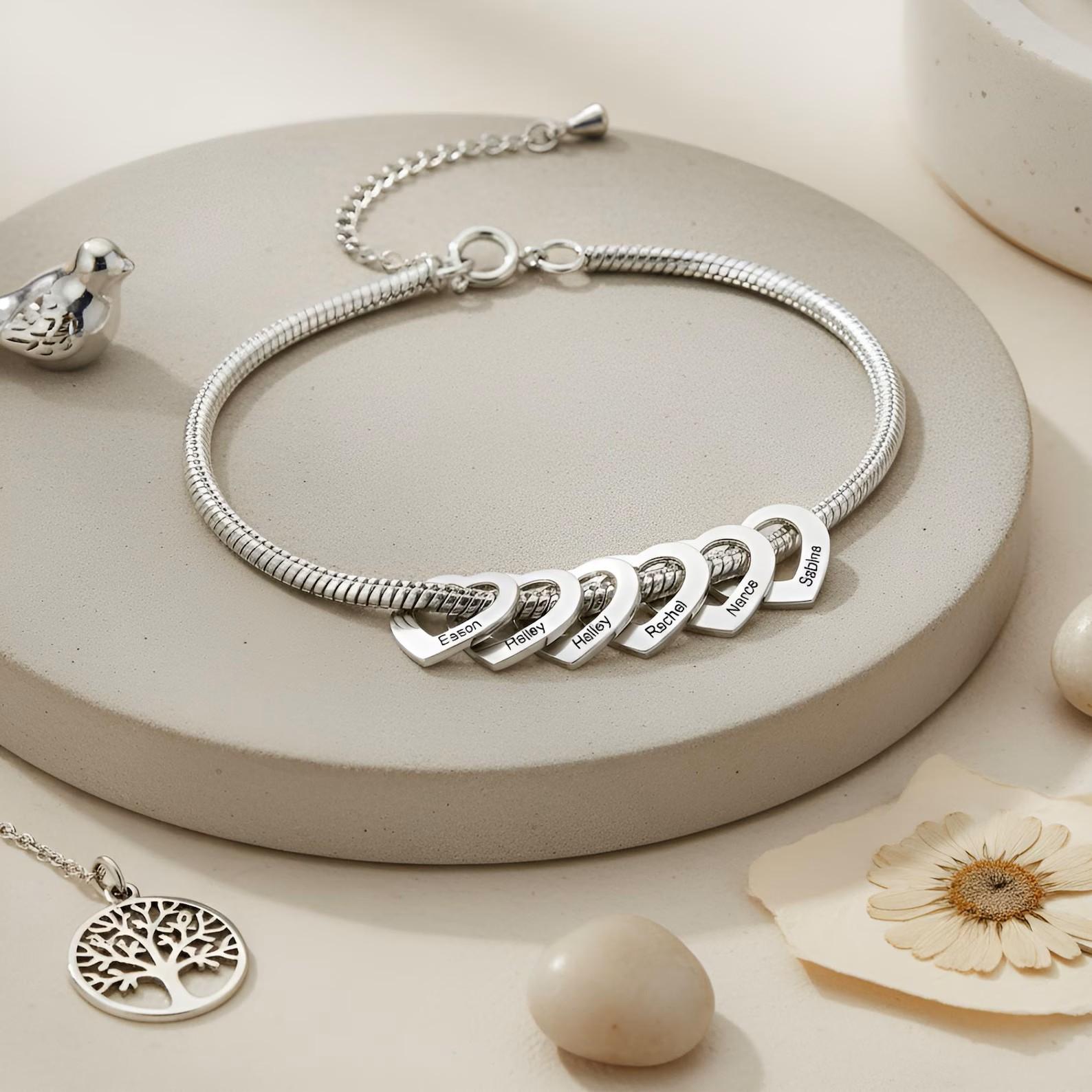 AS976 Personalized Mom Bracelet with Kids Names, Custom Heart Charm Bracelet, Engraved Name Jewelry,  Gift for Mom Grandma
