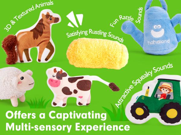 hahaland Seek and Find Sensory Farm Animals Plush toyset- 13 PCS  6-12 Months Montessori Toys for 6 Month Old Gifts Stocking Stuffers Whats Inside Box with Rattle Crinkle Squeaker Preschool Busy Board Wooden Busy Board