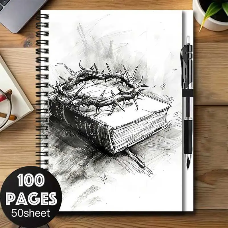 A set of 2D minimalist thorn crown and Bible pattern spiral notebook with pen, a great aid for work and study, suitable for journaling, daily planning, and note-taking, also a thoughtful gift choice for graduation or birthdays, 100-page large capacity, of
