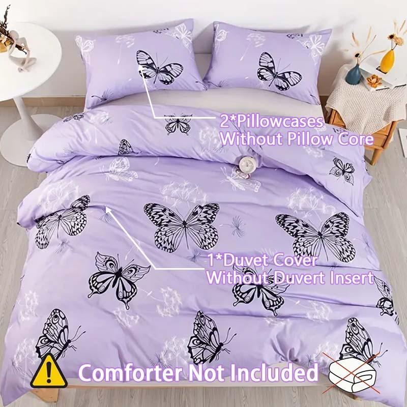 3-Piece Purple Butterfly Bedding Set.Soft, comfortable and breathable, suitable for bedrooms, guest rooms and school dormitories.Includes 1 duvet cover and 2 pillowcases (without filling).