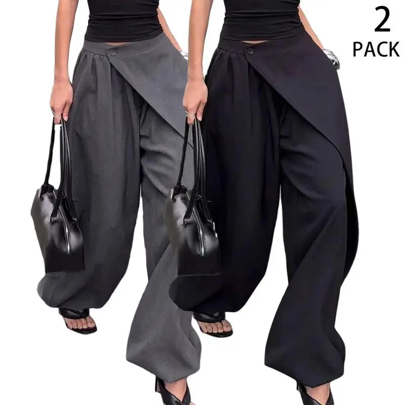 ASANDY 2Pack Women's High Waisted Draped Wide-Leg Pants with Asymmetric Button, Statement Streetwear for Parties, Asymmetric High Waisted, Trouser, High Waisted Pants