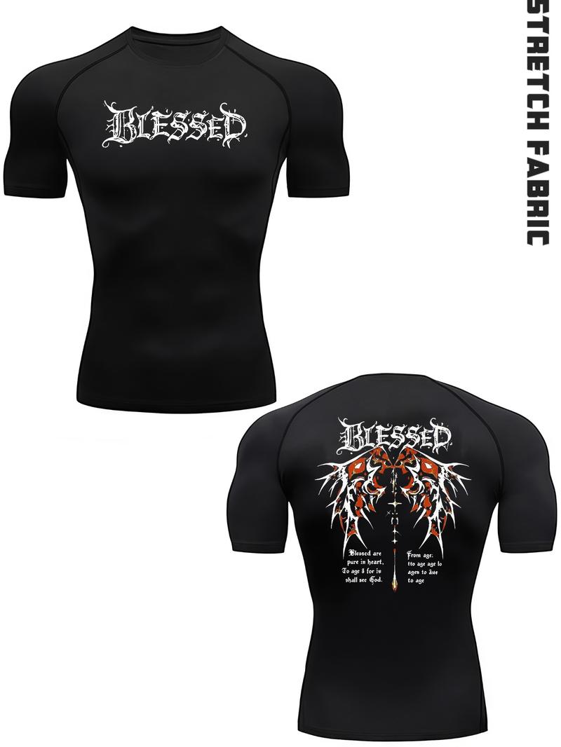 Men's Graphic Compression Workout Shirt - “BLESSED” Goth Angel Wings Tee, Stretch Breathable Quick Dry Athletic Fitted for Gym & Casual Streetwear, Trending Fitness Motivational Top Men's Graphic Compression Workout Shirt - “BLESSED” Goth Angel Wings Tee, Stretch Breathable Quick Dry Athletic Fitted for Gym & Casual Streetwear, Trending Fitness Motivational Top