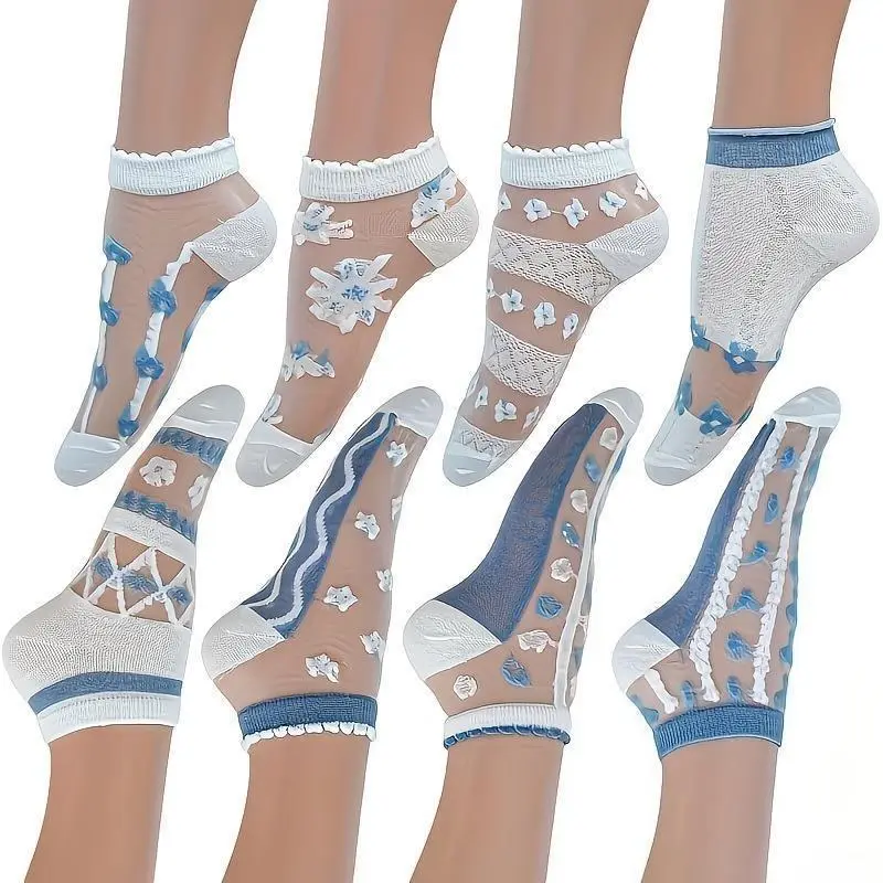Women's 10 Pairs Random Styles Elegant Blue And White Boat Socks, Thin Breathable Hollow Mesh Glass Silk Short Socks With Floral Lace Trim, All-Match Casual Hosiery For Daily Wear, Sports & Outdoor Protective Gear Accessory, Socks For Women july