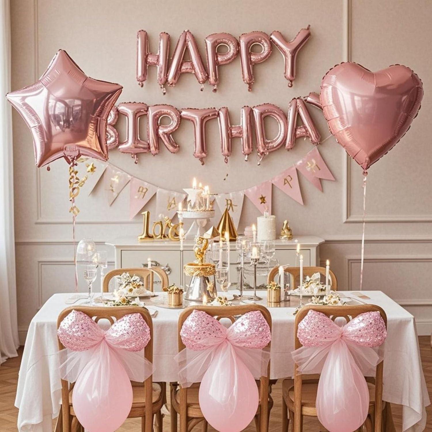 29 Pcs Pink Birthday Decorations, 3D Foil Pink Happy Birthday Balloon Banner, Pentagram Heart Foil Balloons Confetti Balloons Kit For Boys Girls Birthday Party Supplies