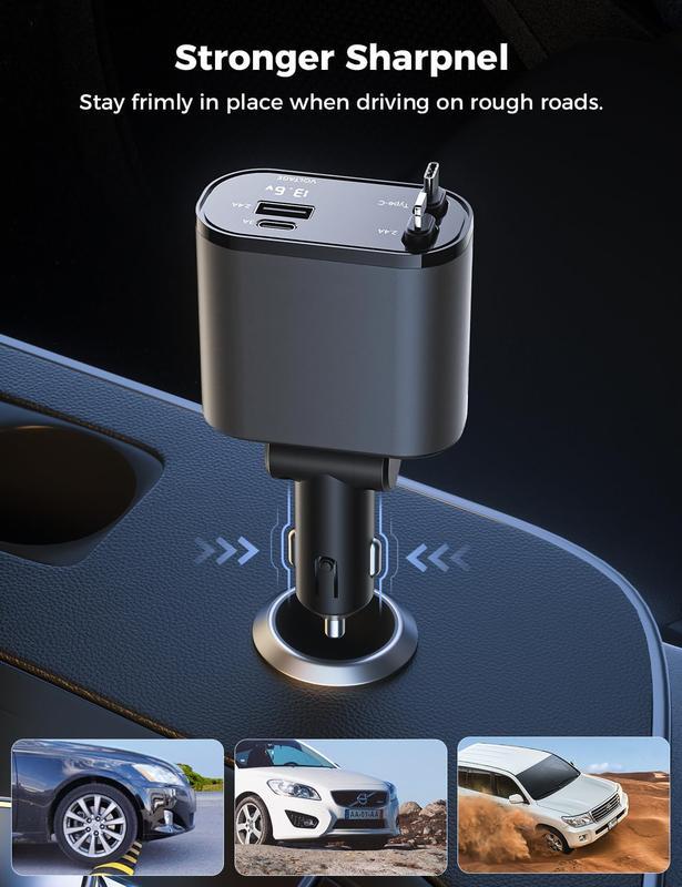 100W 4-in-1 Retractable Car Charger - USB C Fast Charging Adapter with Lightning Cable & Dual Ports, Car Accessories, iPhone Charger, Multi-Port Cables for iPhone 15/14/13 Pro Max Plus, iPad, AirPods, Samsung Galaxy S23/S22/S10, Google Smartphones