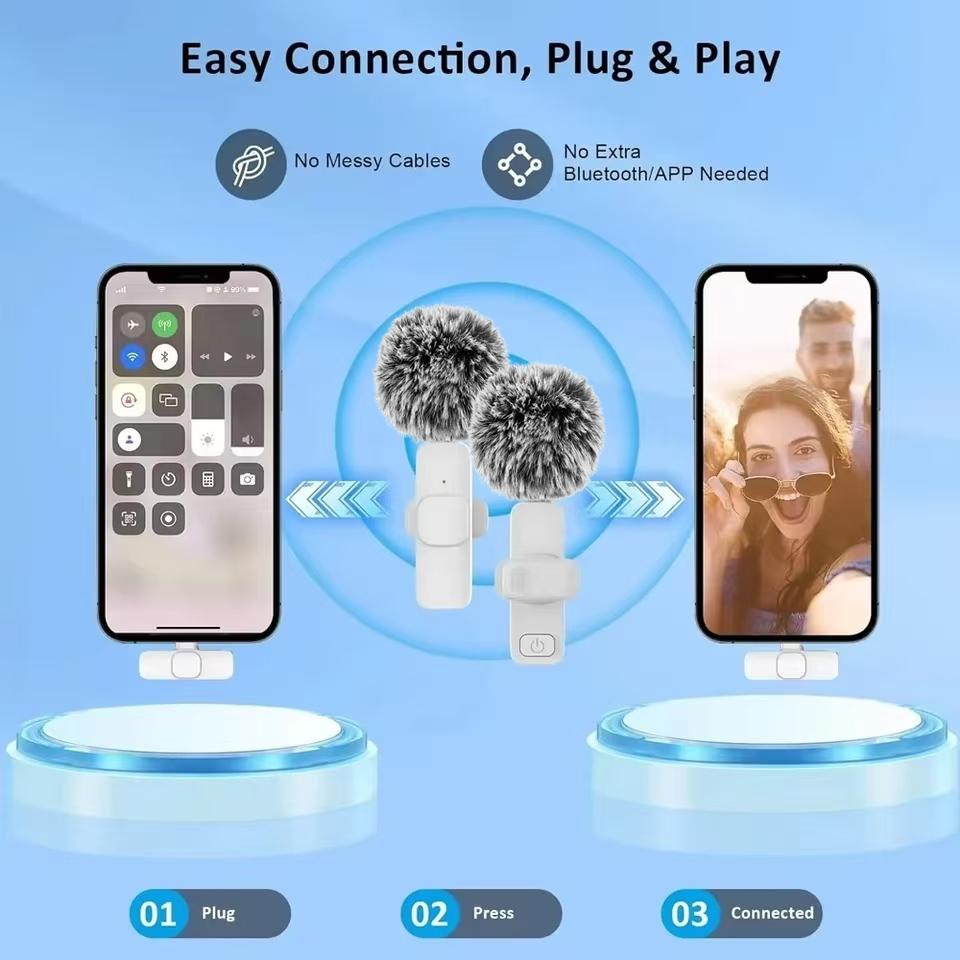 2pcs or 1pcs New Wireless Lavalier Microphone Portable Audio Video Recording Mini Microphone for iPhone Android PC Camera Live Gaming Phone Rechargeable Wireless Mic Applicable to everyone