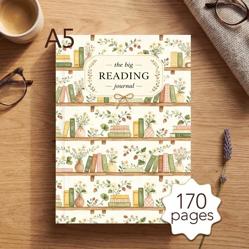 1 PC A5 Reading Journal Notebook for Book Lovers, Book Journal Reading Log with 52 Book Review Templates, 170 Pages Daily Reading Planner with Cute Floral Bookshelf Print Cover, Perfect Gift for Book Lovers to Record Book Notes