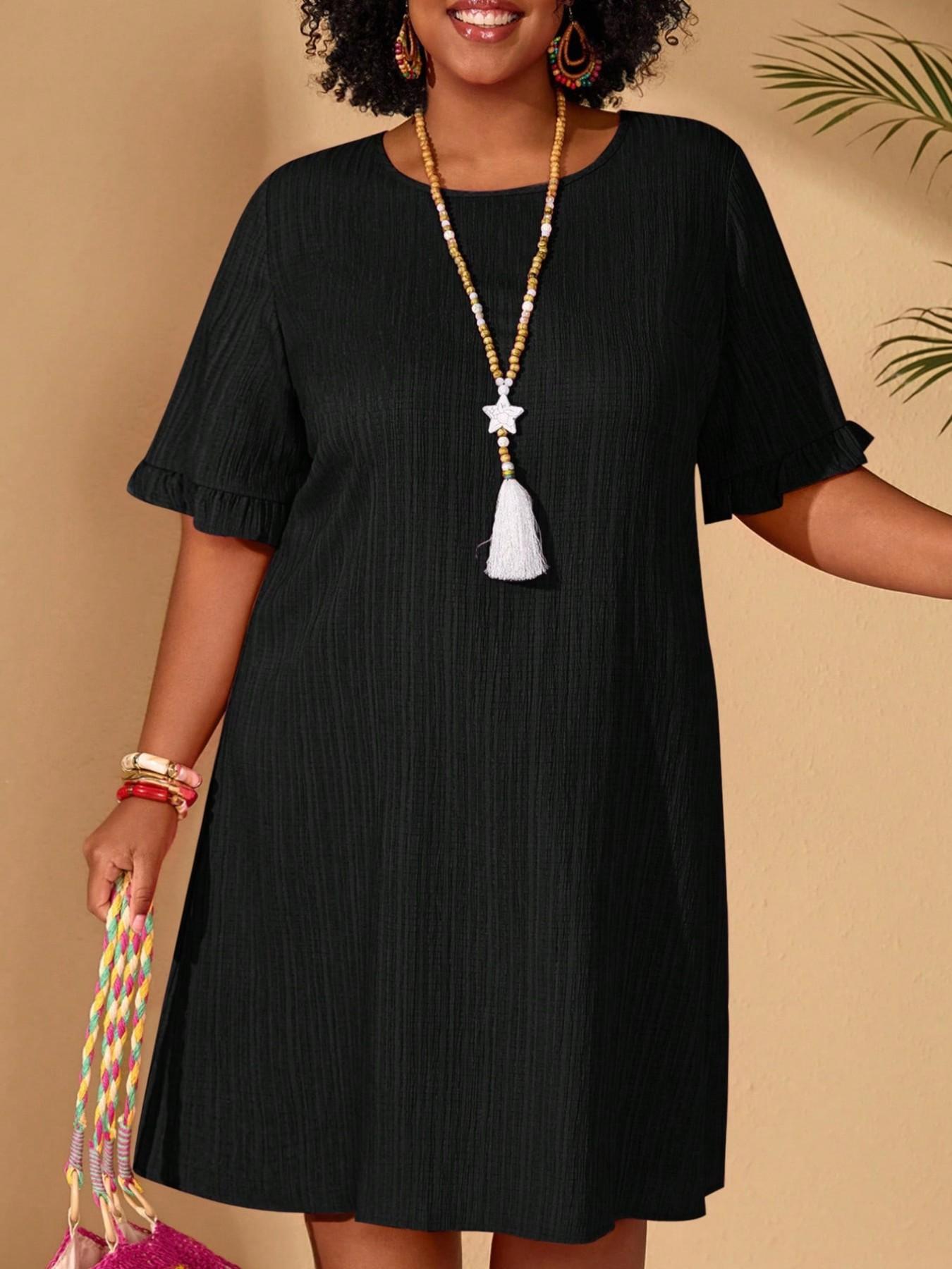 Plus Size Women's Round Neck Solid Everyday Dress, Textured Vertical Stripe Ruffled Sleeve Loose Feminine Casual Boho Elegant Skirt, Ideal for Daily Home and Outing Wear