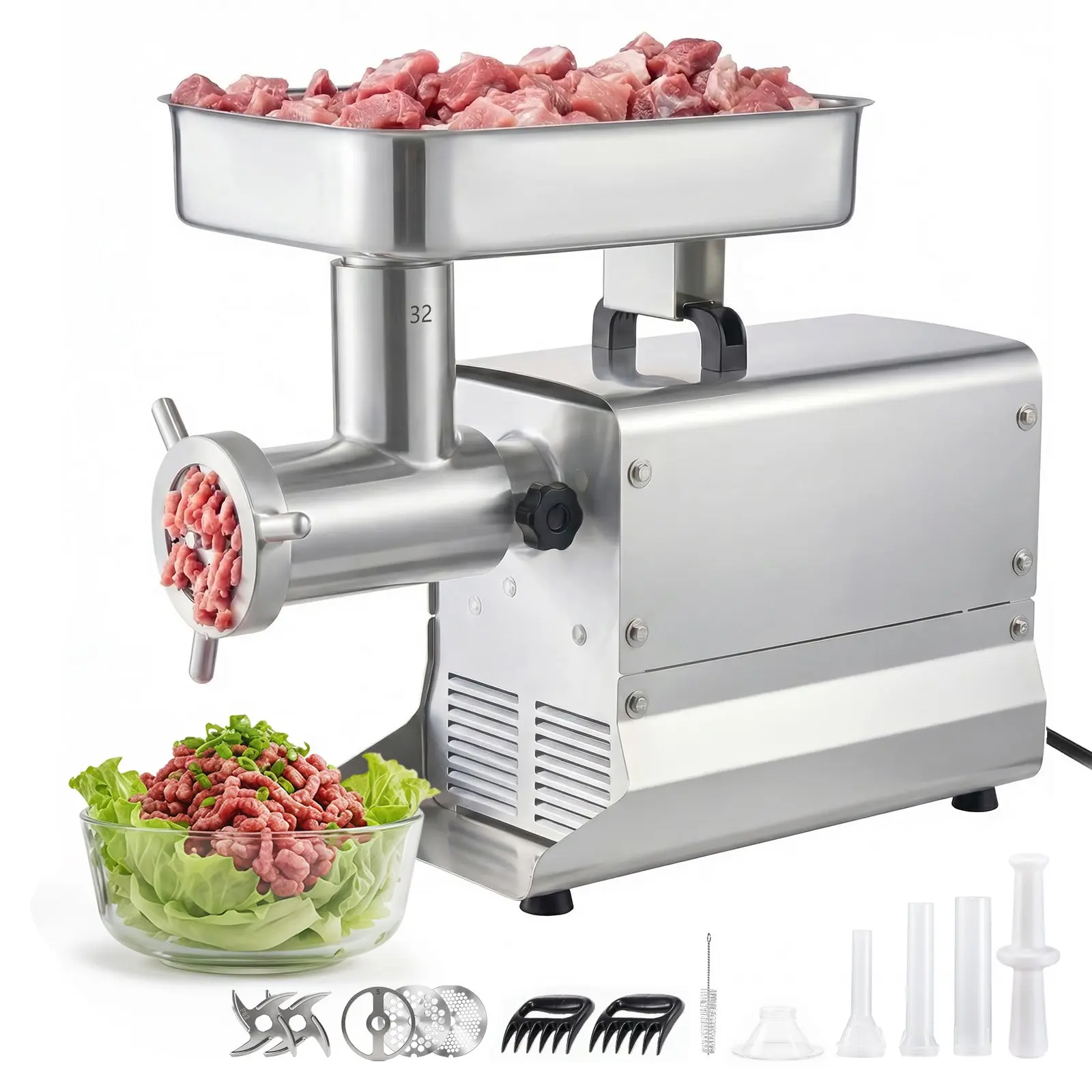 VEVOR #32 Commercial Stainless Steel Meat Grinder, 1100W/1.5HP Electric Mincer with 3 Plates, 3 Sausage Stuff Tubes, 21 Lbs/Min Capacity, ETL Listed for Home Kitchens & Restaurants (Meat Grinding Tool), Stainless Steel Pan