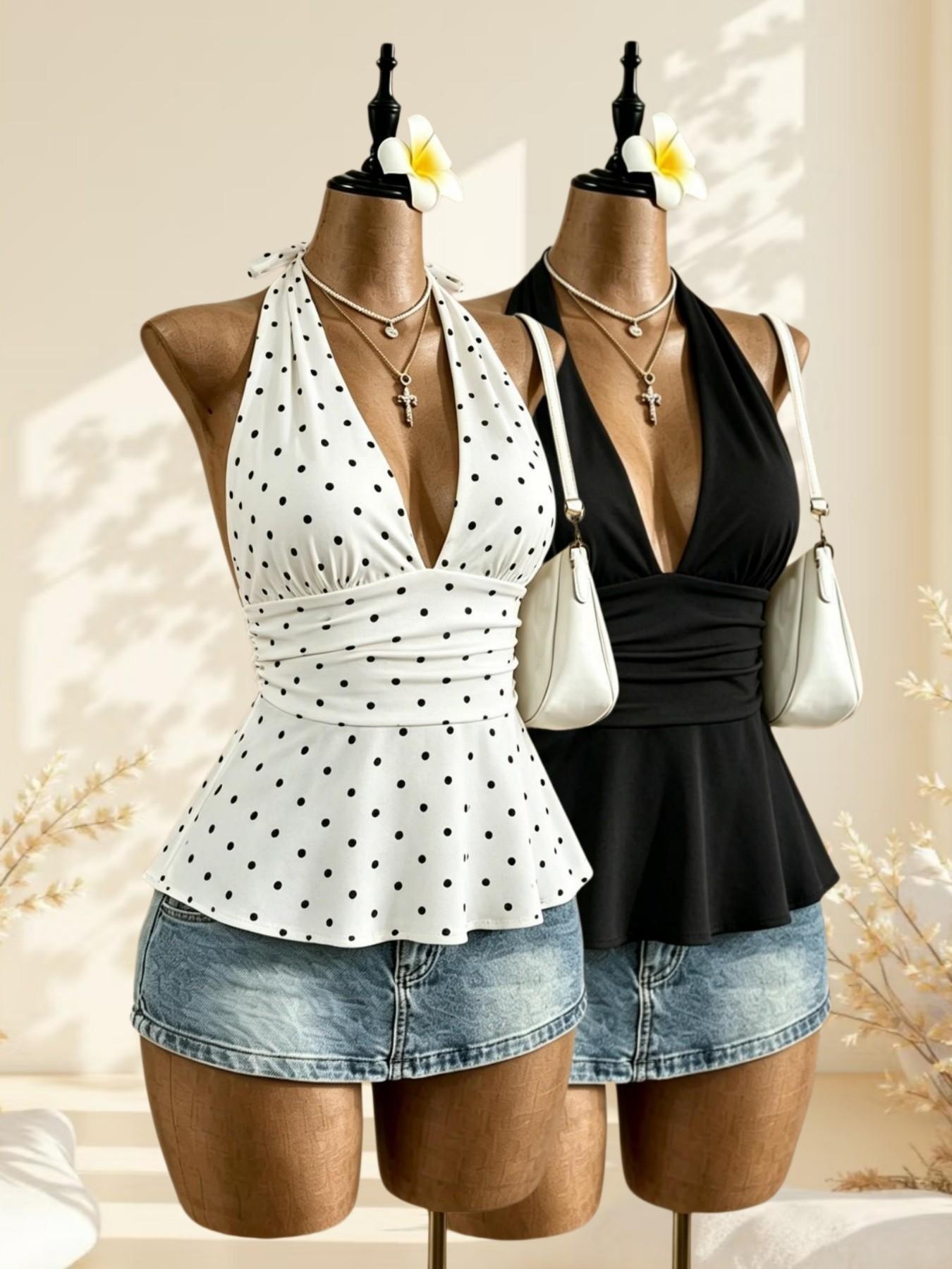 Vintage Sweet Cool Polka Dot Halter Sleeveless Top, Deep V Waist Slimming Ruffle Sexy Shirt, Two Pieces Set, Casual All Seasons Wear Fit
