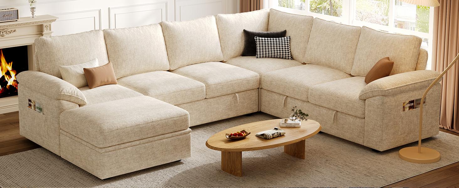 【4 Packages】108 Inch Sectional Sleeper Sofa with Pull Out Bed, U Shaped 7 Seat Modular Sectional Sofa with Storage, Sectional Couches for Living Room, Cloud Modular Couch, Removable Sofa Cover 【4 Packages】108 Inch Sectional Sleeper Sofa with Pull Out Bed, U Shaped 7 Seat Modular Sectional Sofa with Storage, Sectional Couches for Living Room, Cloud Modular Couch, Removable Sofa Cover