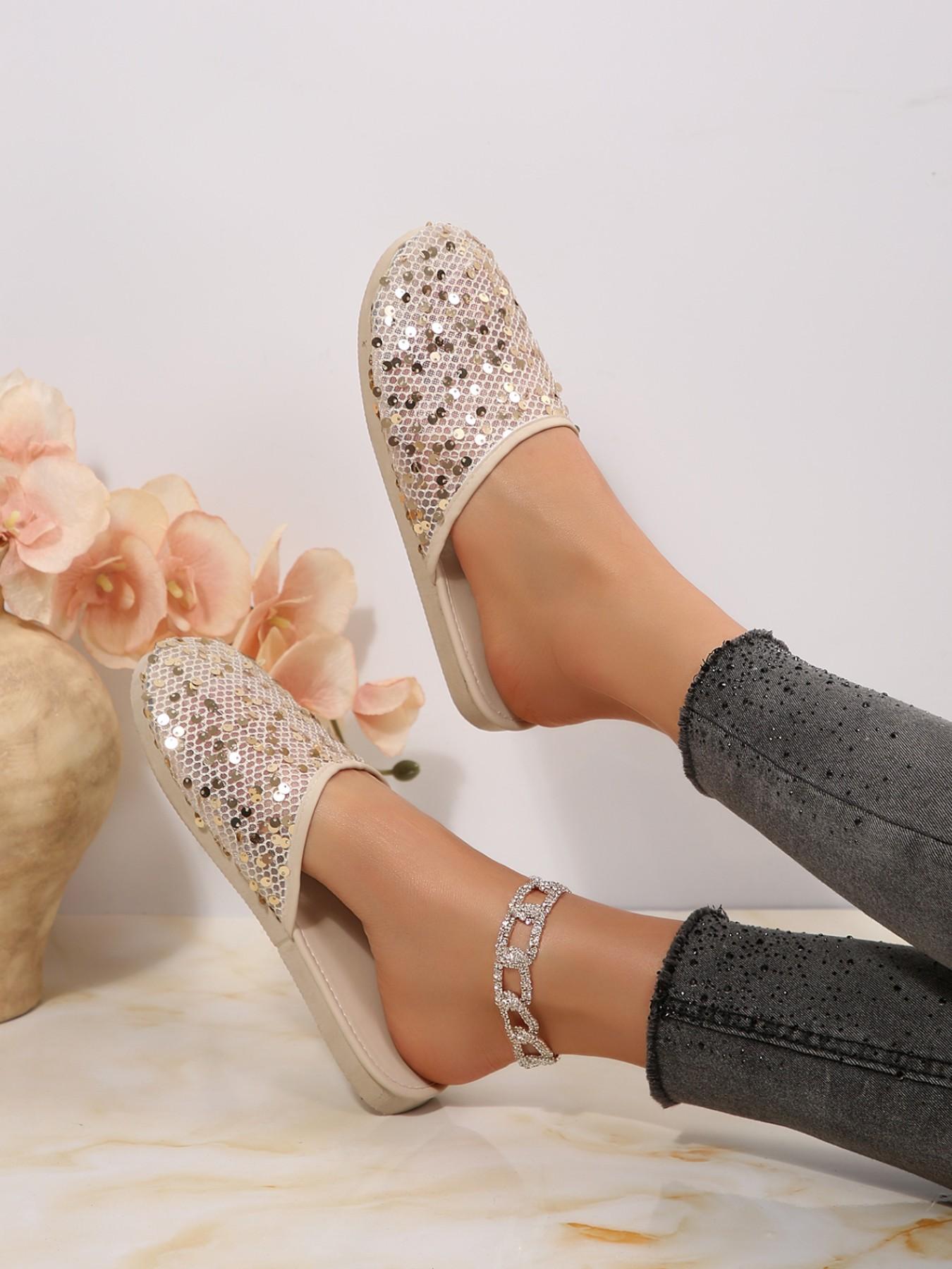 Women's Mesh Sequin Slip-On Sandals, Casual All-Season Footwear, Soft Sole Design, Perfect for Daily Wear & Vacation Style