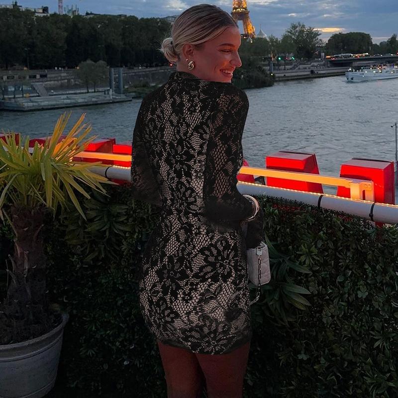 Women's Lace Cut Out Mock Neck Bodycon Dress, Elegant Fashion Long Sleeve Short Dress for Party Club Holiday, Women Dress for Spring Fall