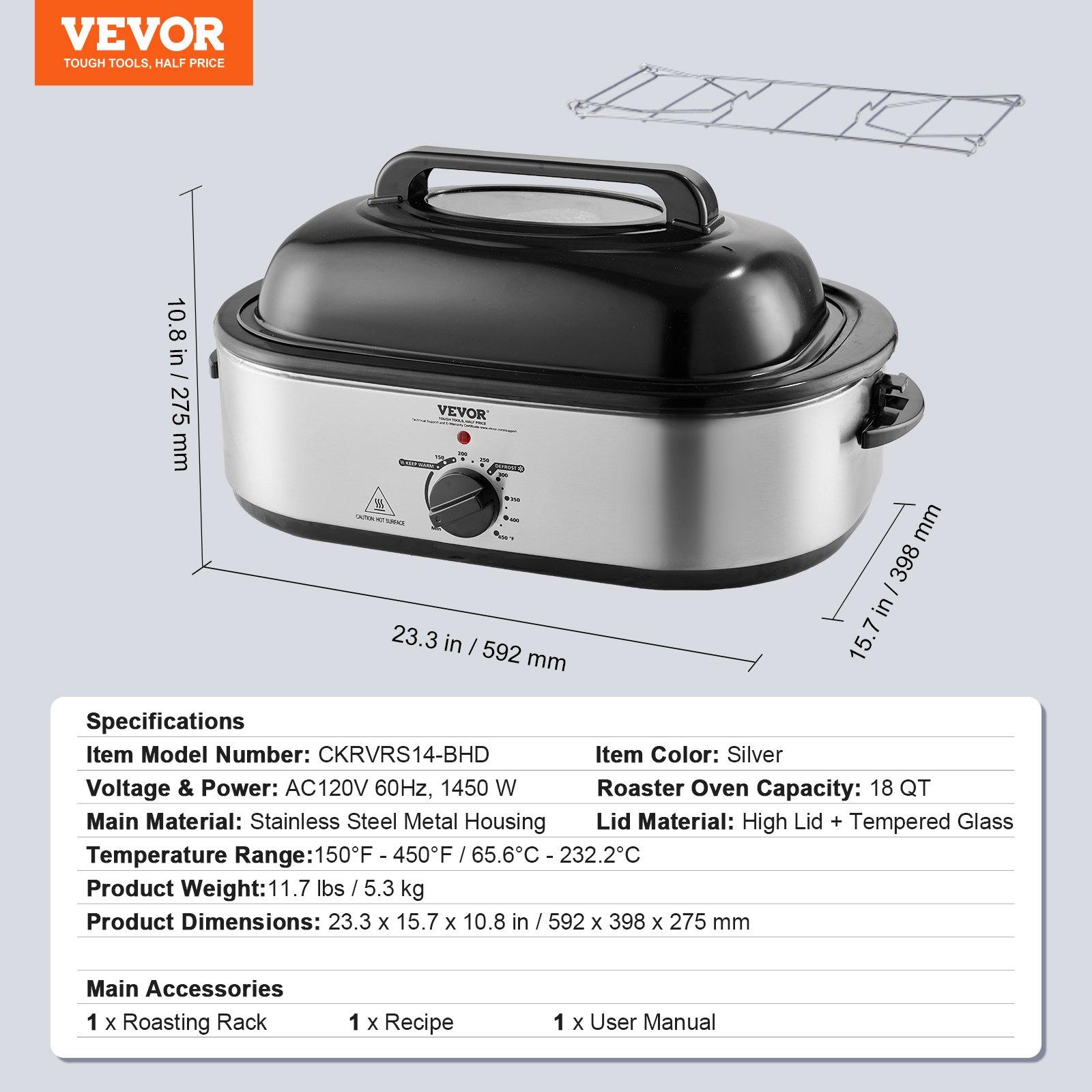 VEVOR Electric Roaster Oven, 18 QT Turkey Roaster Oven with Self-Basting Lid, 1450W Roaster Oven with Defrost Warm Function, Adjustable Temperature, Removable Pan Rack, Fits Turkeys Up to 22LBS
