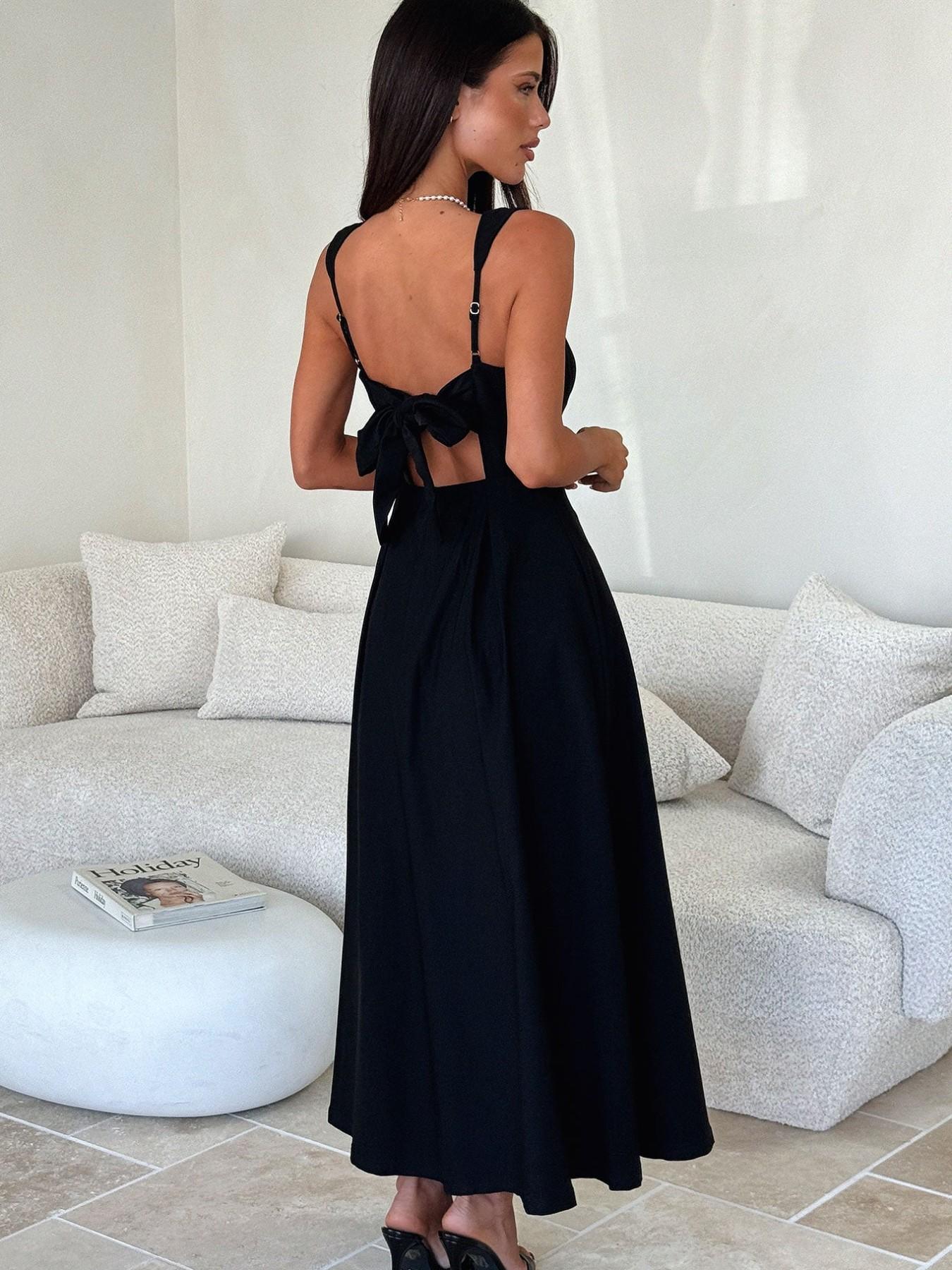 Elegant Vintage Square Neck Back Tie Strap Dress, Sleeveless Fitted Midi Dress, Casual Plain Style Day Evening, Women's Fashion Clothing, Casual Wear, Womenswear