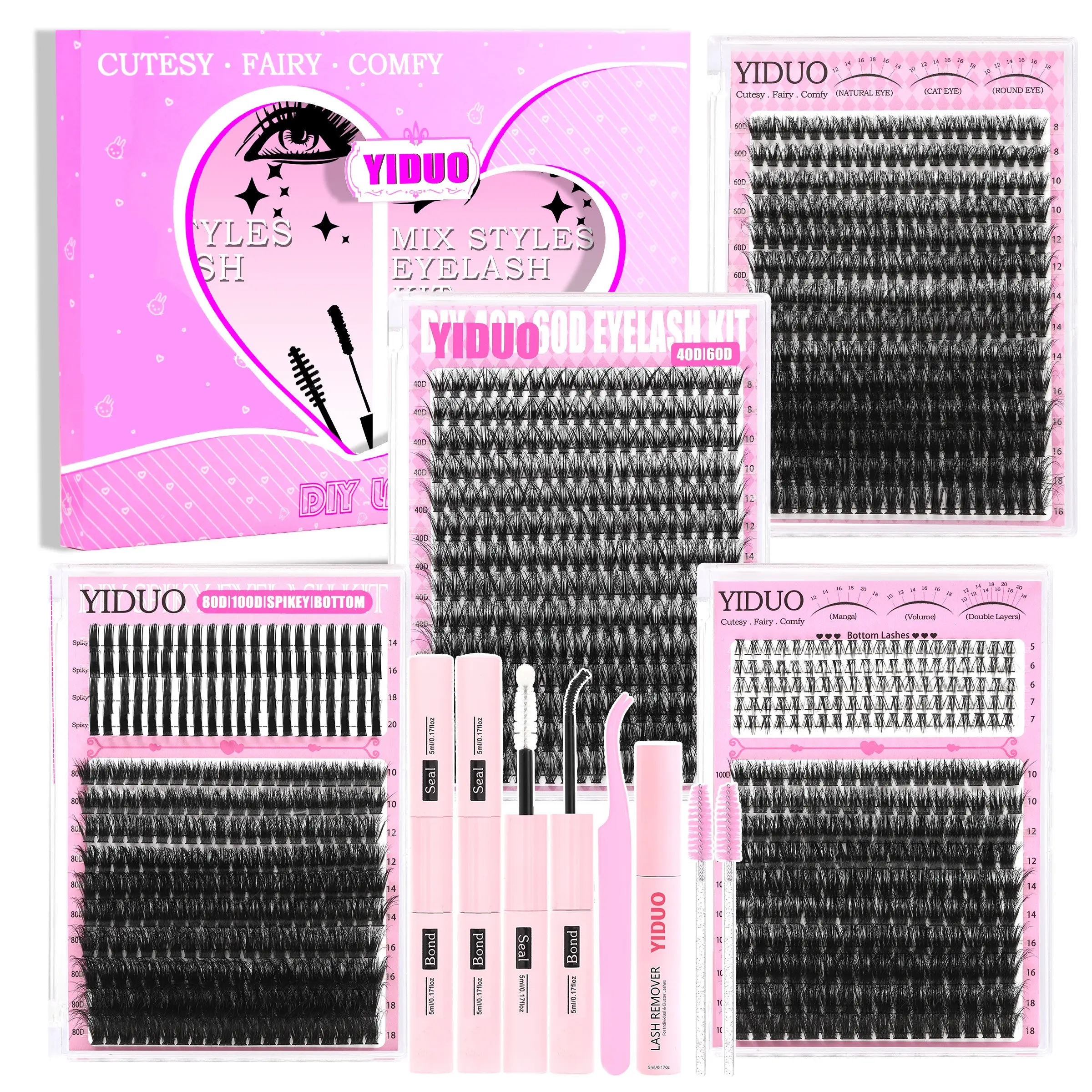 YIDUO 6 Styles Lash Clusters Lashes Kit 40D/60D/80D/100D/Spiky/Bottom Lashes Clusters Kit 1-20mm Cluster Eyelash Extension Kit 1000 Pcs D-Curl With Lash Bond and Seal*2, Lash Remover，Lash Tweezers,Eyelash Brush DIY at Home Easily, Eyelash Bond Glue
