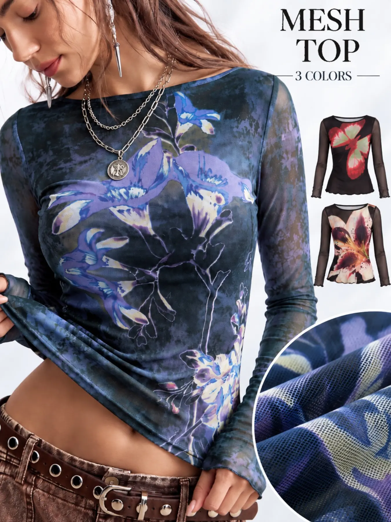 Vintage Floral Print Sheer Mesh Top, Round Neck Long Sleeve Fitted Shirt, Y2K Street Style Women's Blouse, Elegance, Perfect for Dates and Parties