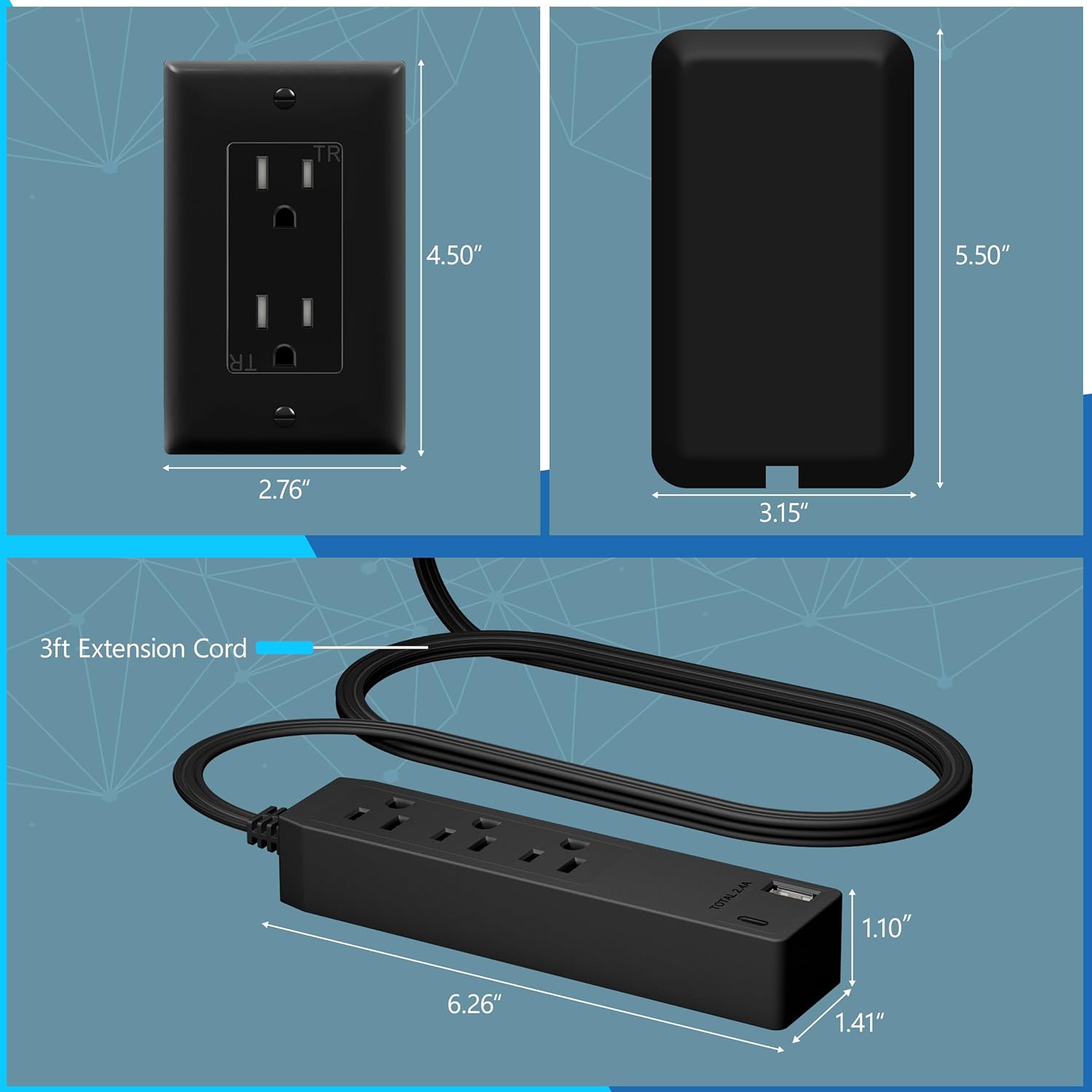 Outlet Extender with 3 Receptacles, 12W USB-A & USB-C, Ultra-Thin Wall Plate Plug with Cord Extender, 3-Outlet Power Strip, Flat-, 3ft Cord, 1625W, ETL Listed, Matte Black