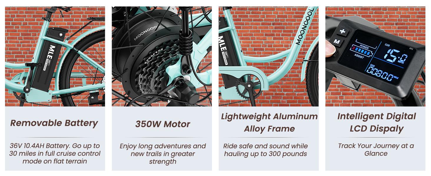 MOONCOOL Electric Bike for Adults, 700W Peak Power City Cruiser Ebike, 40 Miles 20MPH Electric Bicycle with 36V 10.4Ah Removable Battery, 7-Speed and Shock Absorber Electric Commuter Bike