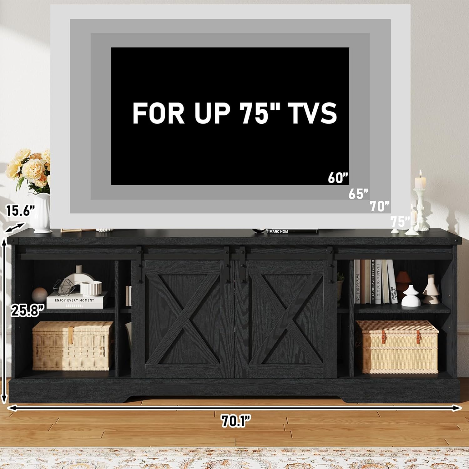 Farmhouse TV Stand for 70/75/80 Inch TV, 58/70 inch Entertainment Center Storage Cabinets with Sliding Barn Doors, Media Console Cabinet for Living Room, White/Grey/black