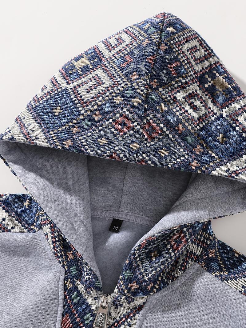 Unisex Retro Ethnic Patchwork Half Zip Hoodie, Casual Comfy Regular Fit Long Sleeve Pullover for Fall & Winter Daily Wear