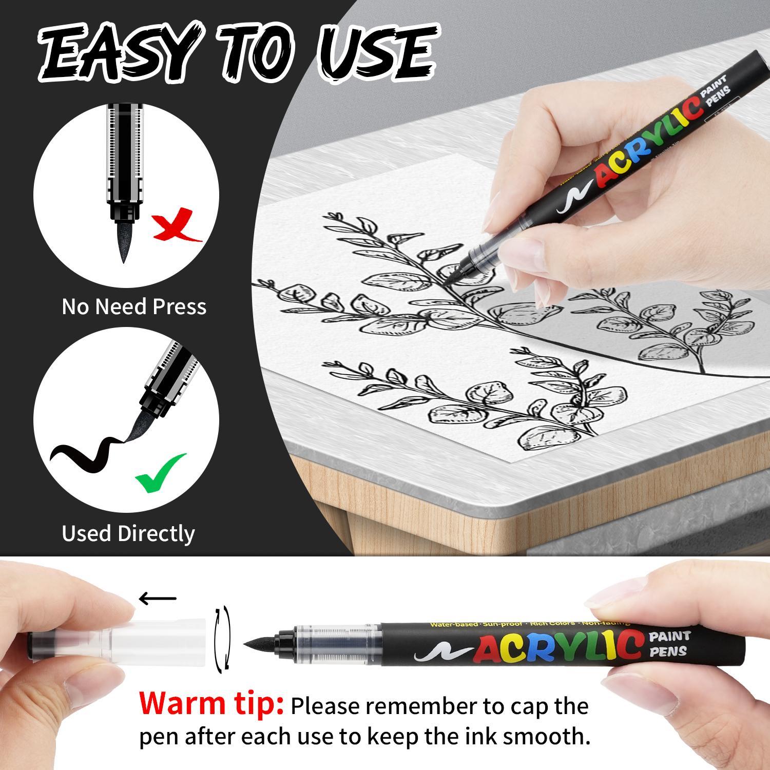 Acrylic Paint Pens with Automatic Ink Control, Soft Brush Tip Markers for Canvas, Rock, Wood, Stone, Glass, Ceramic, Fabric Painting, DIY Crafts, Art Marker Set