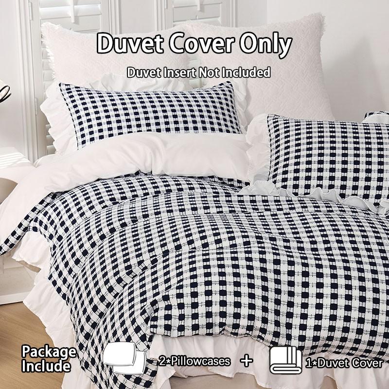 3Pcs Black White Gingham Duvet Cover Set, French Ruffle Vintage Design, Soft Skin-friendly Breathable Cozy, Ideal for Bedroom Dorm Home Decor Daily Use (No Filling, No Pillow Inserts)