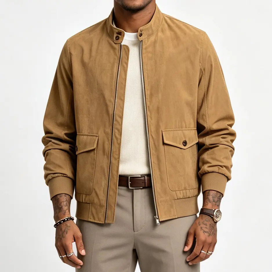 Men's Stand-Collar Bomber Jacket - Plain, Fitted Cut, Medium Length, Full-Zip Harrington Coat with Button Flap Pockets, Ribbed Cuffs & Hem, Lightweight Windbreaker, Machine Wash, Multi-Size Business Casual Wear