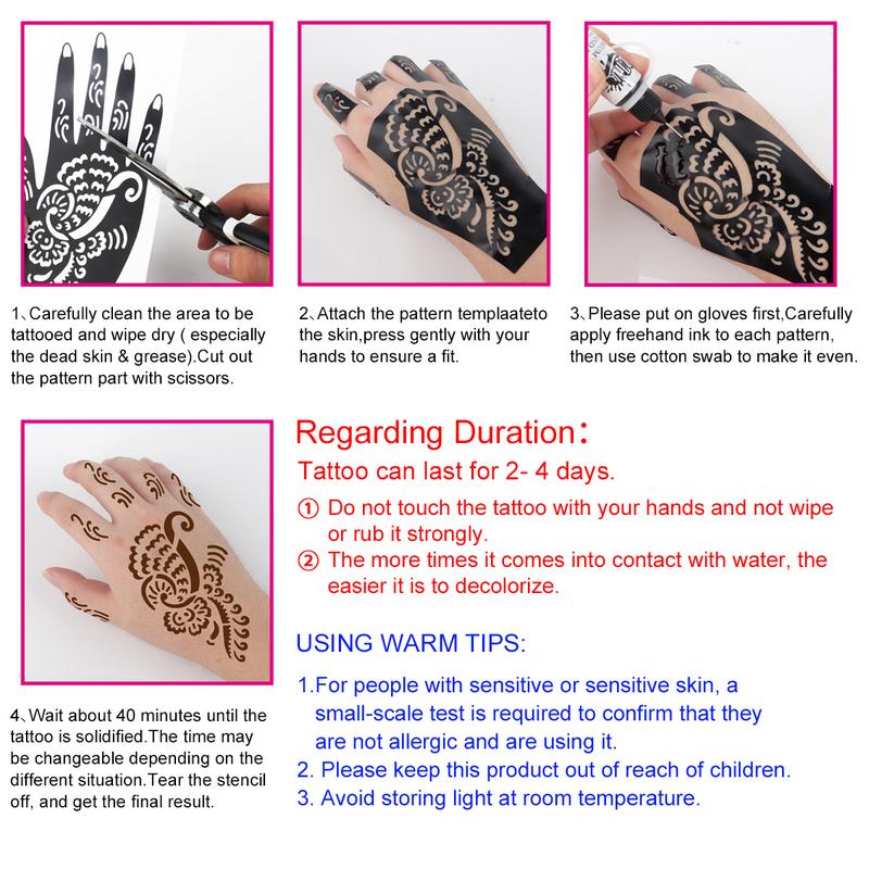 Temporary Tattoo Ink Set, 3 Bottles Hand-Drawn Tattoo Ink & 6 Hollow Template Stickers, Henna Stencil, Body Art, Party, Halloween, Graduation, Beach Vacation