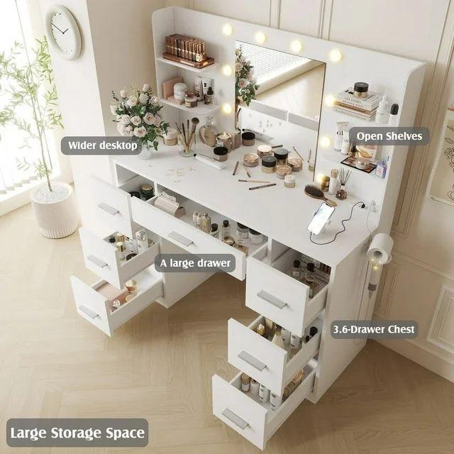 FURMAX Makeup Vanity with Mirror and Drawers Vanity Desk Set with 3 Modes Adjustable Brightness Lights and USB Power Outlet
