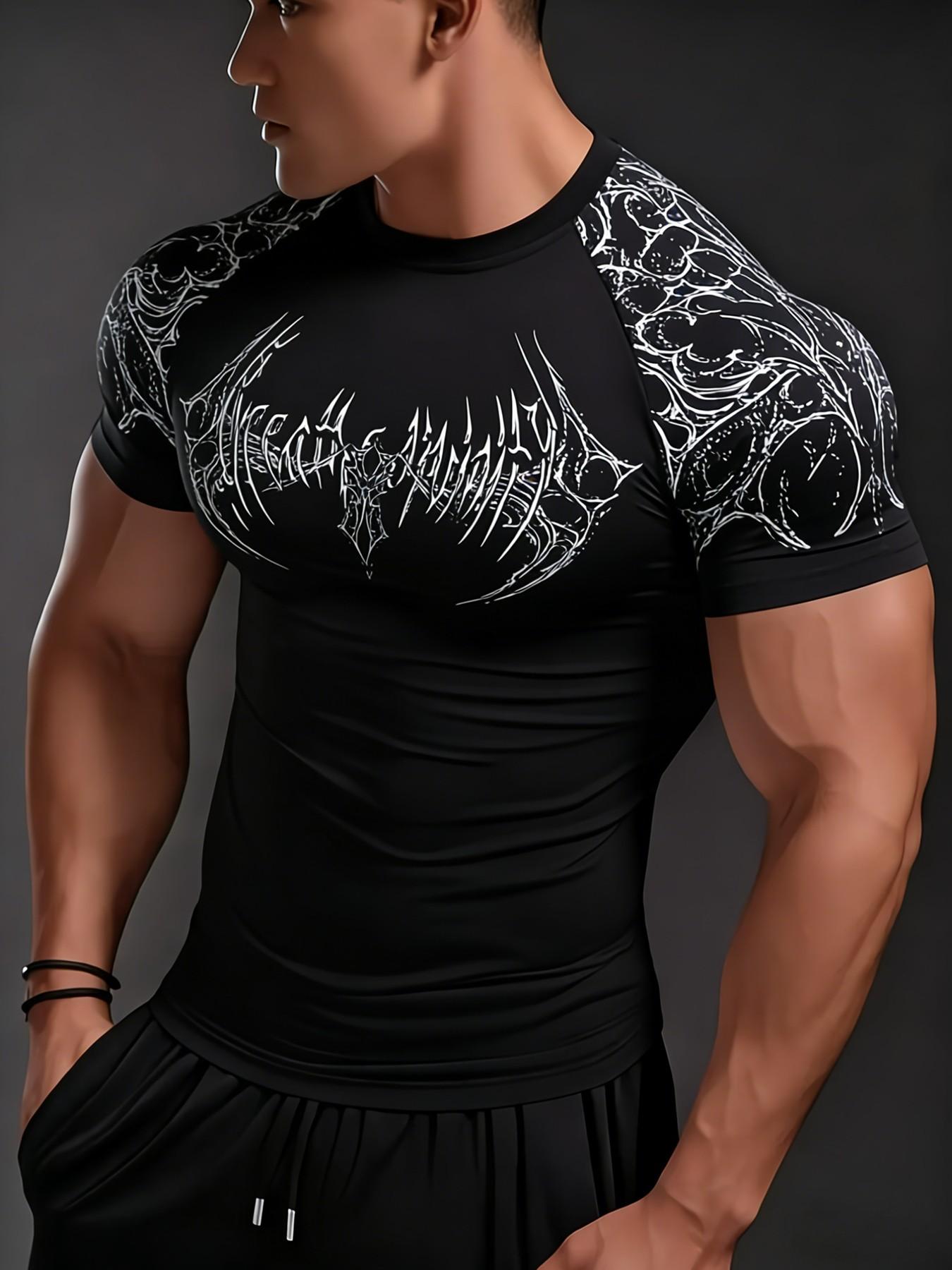 Men's High Elastic Quick-Dry Sports Short Sleeve Shirt, Geometric Print Gym Training Top, Casual Loose-Fitting Long Sleeve Tee