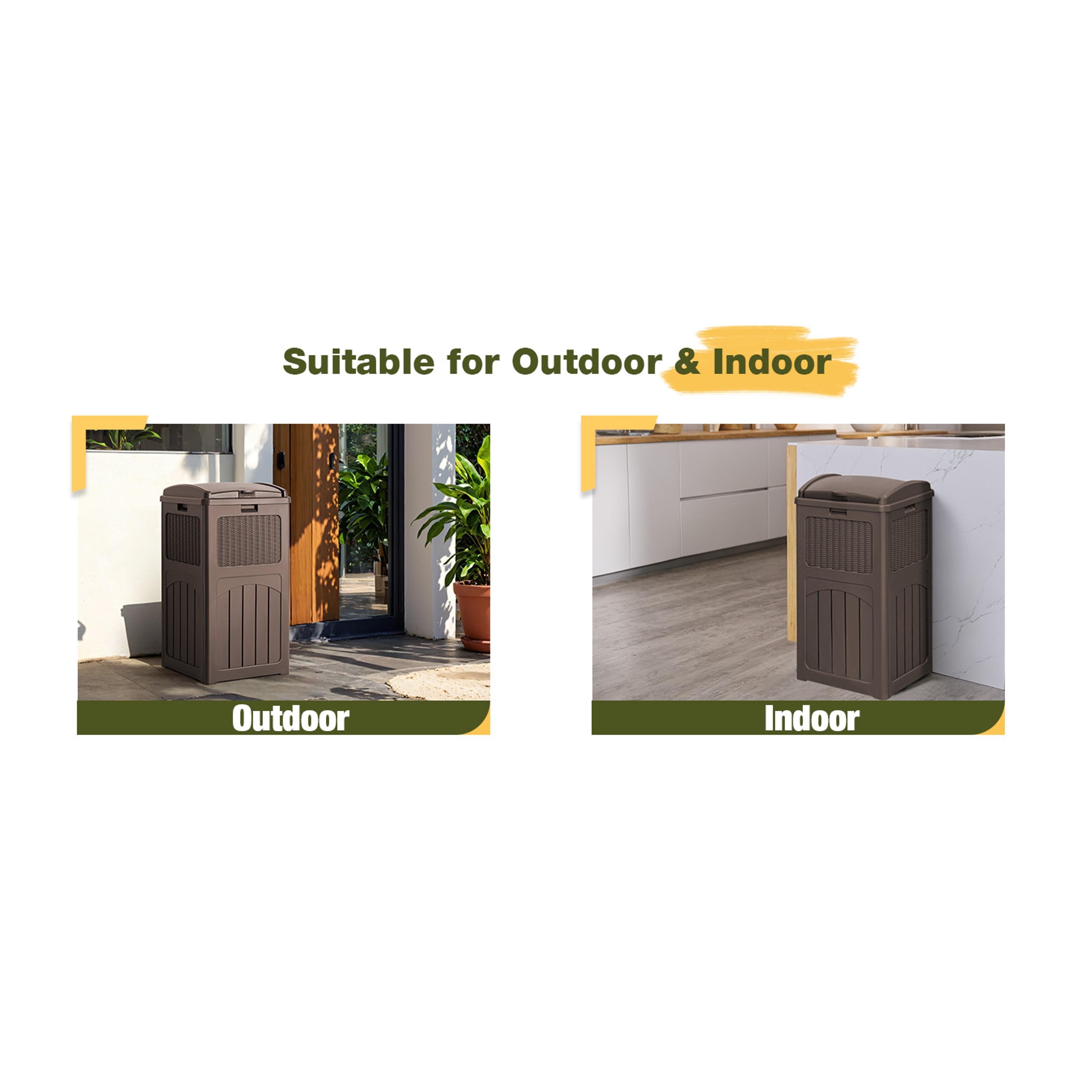 33 Gallon Outdoor Trash Can, Hideaway Garbage Bins with Tiered Lid, Waterproof Resin Outside Waste Bins for Patio, Outside Pool, Backyard and Deck(1, Deep Brown)