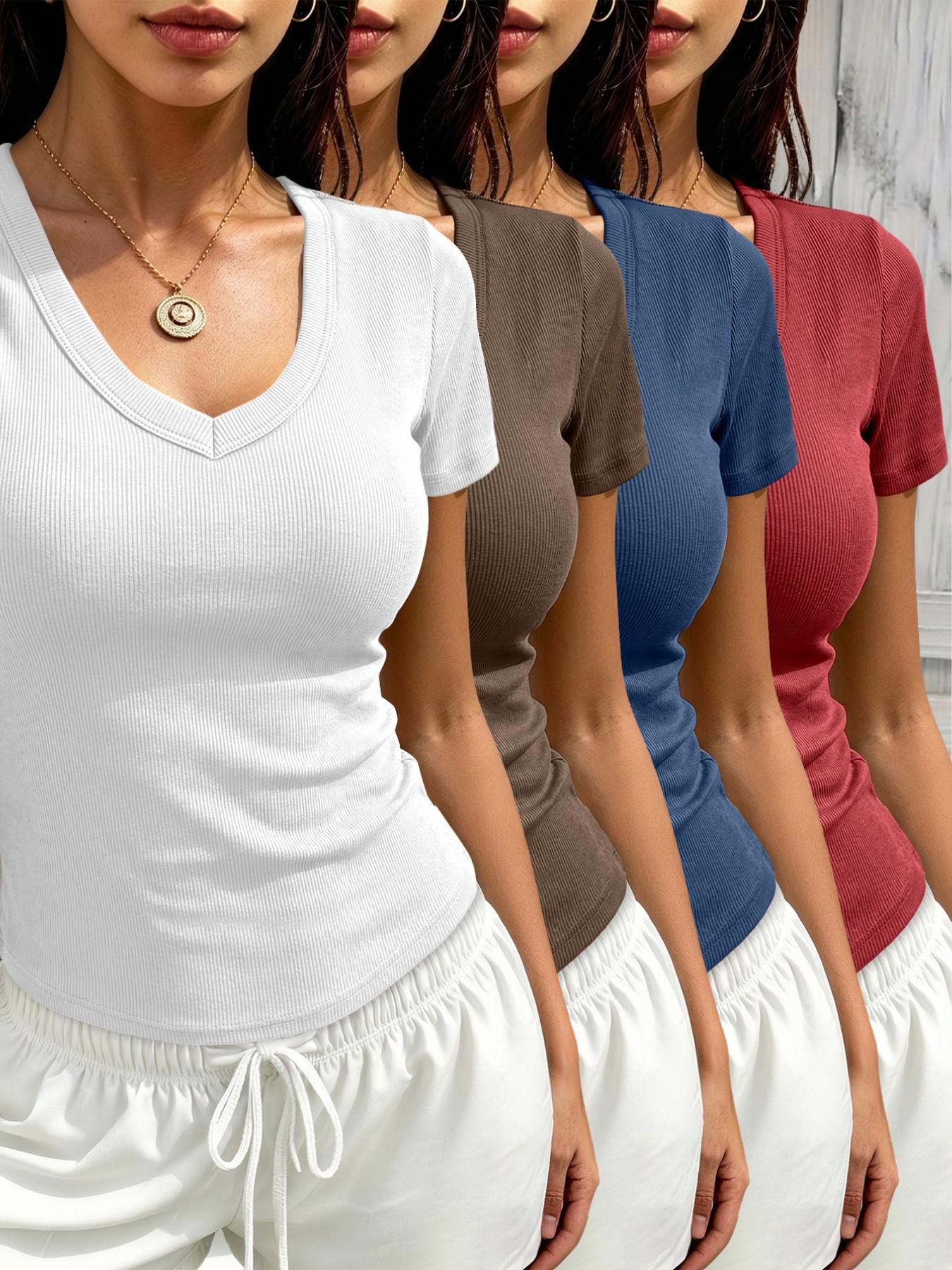 Women's Ribbed V-Neck Short Sleeve Summer T-Shirt 4-Piece Set, Casual Fitted Solid Color, All Seasons Wear, Plain Surface Unlined Design