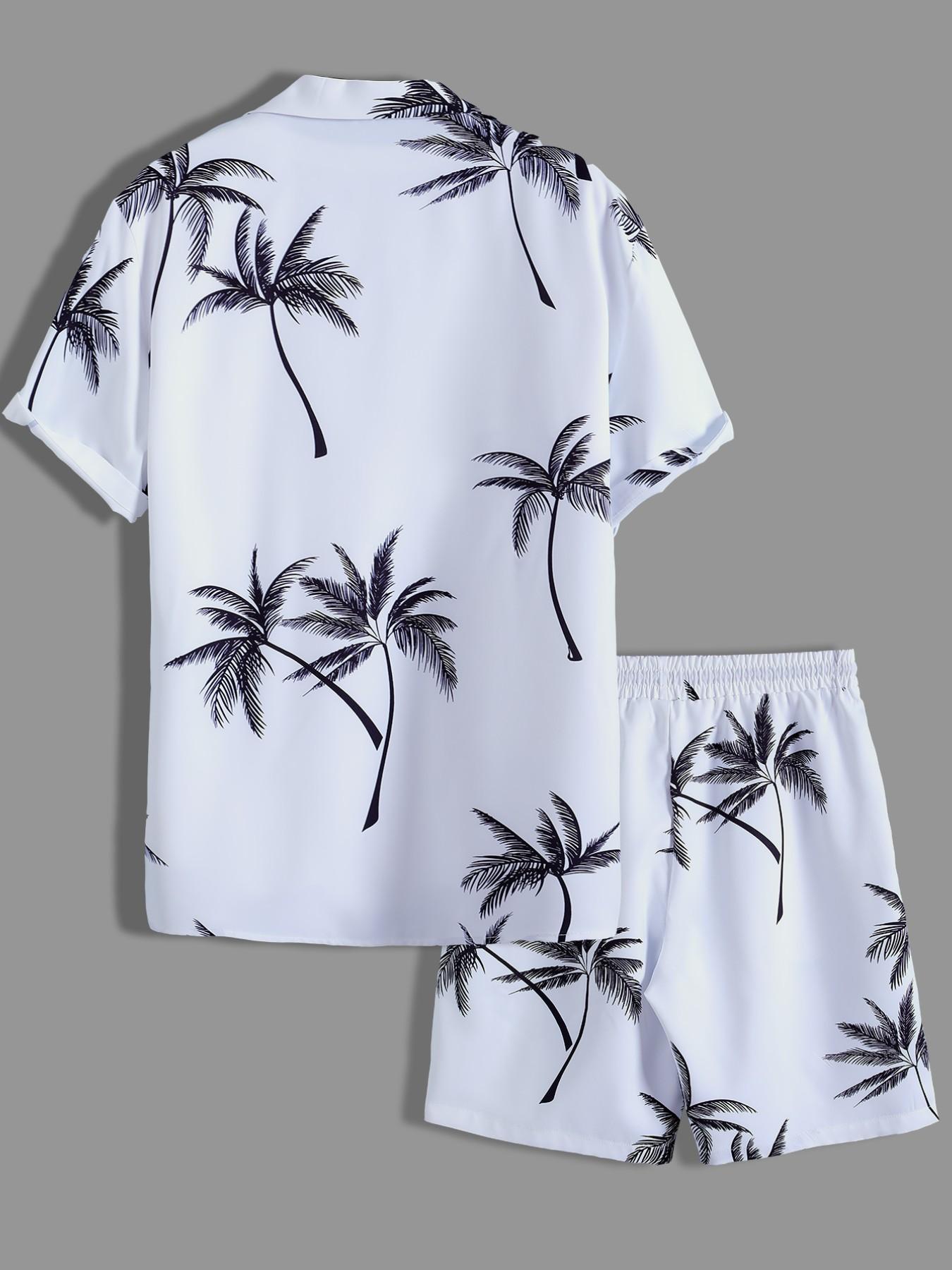 Men's White & Black, Tropical Palm Tree Print Loungewear Set - Short-Sleeve Button-Up Shirt (Rolled Cuffs) + Drawstring Shorts, Ultra-Soft Smooth Fabric, Relaxed Oversize Fit, Perfect for At-Home Lounging, Evening Movie Nights, Lazy Weeke
