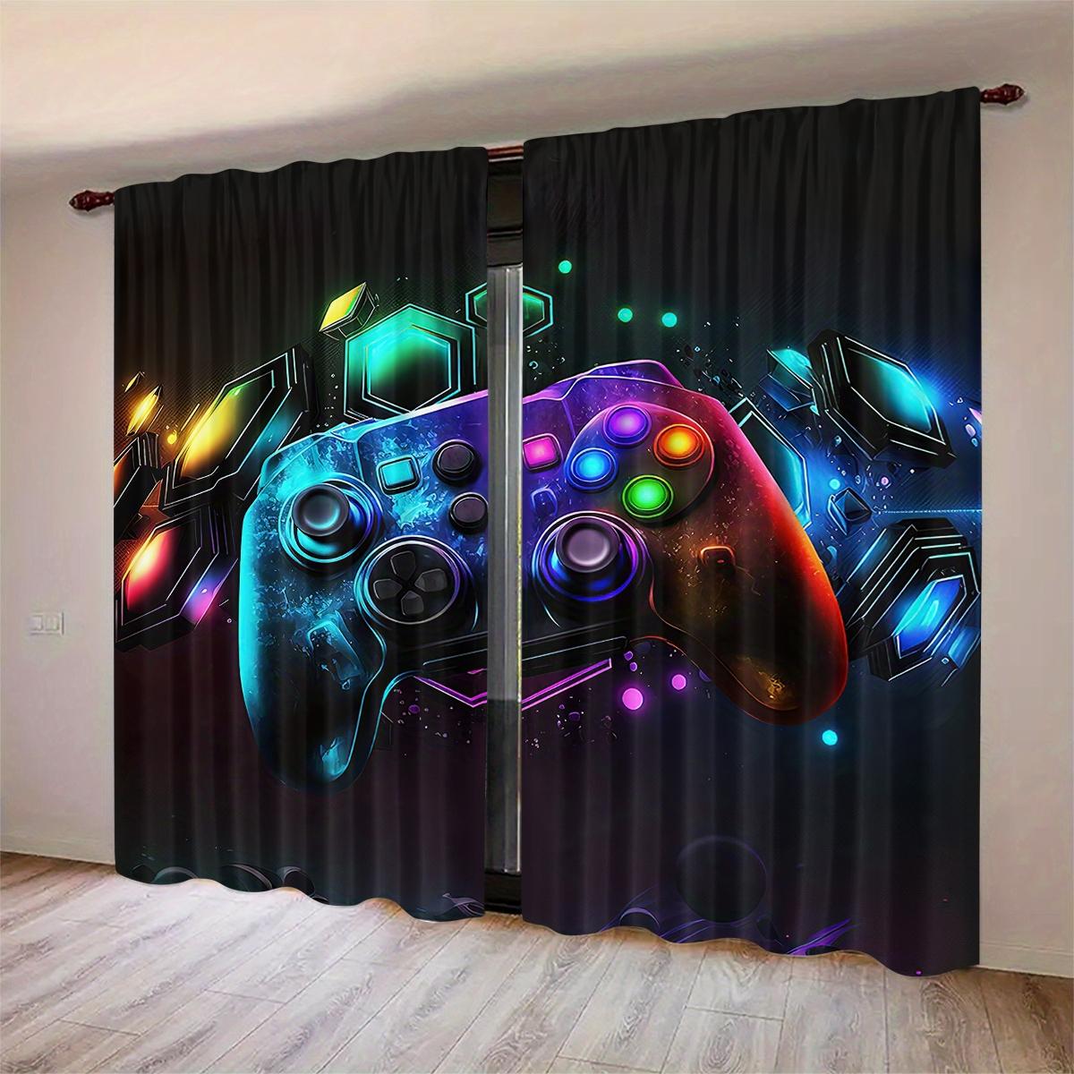 2 Piece Background Color Game Controller Print Curtains, Semi-Transparent Polyester Fiber, Rod Pocket Design