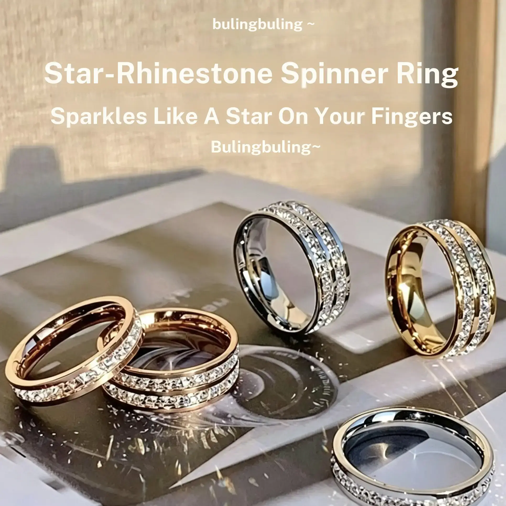 Women’s Double Row Rhinestone Rotatable Titanium Steel Ring, Minimalist Luxury Anti Stress Fashion Costume Jewelry Gift