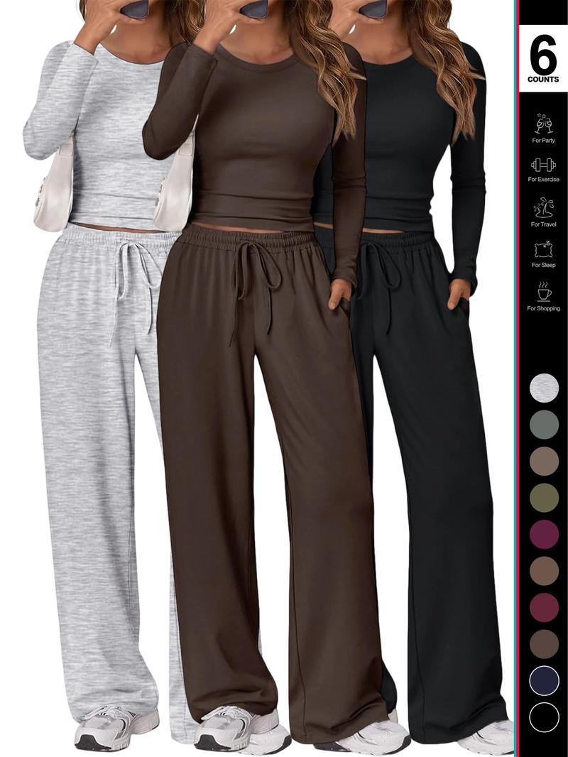 Women's 2 Piece Matching Lounge Set Long Sleeve Slightly Crop Top Wide Leg Pants Casual Sweatsuit 2026