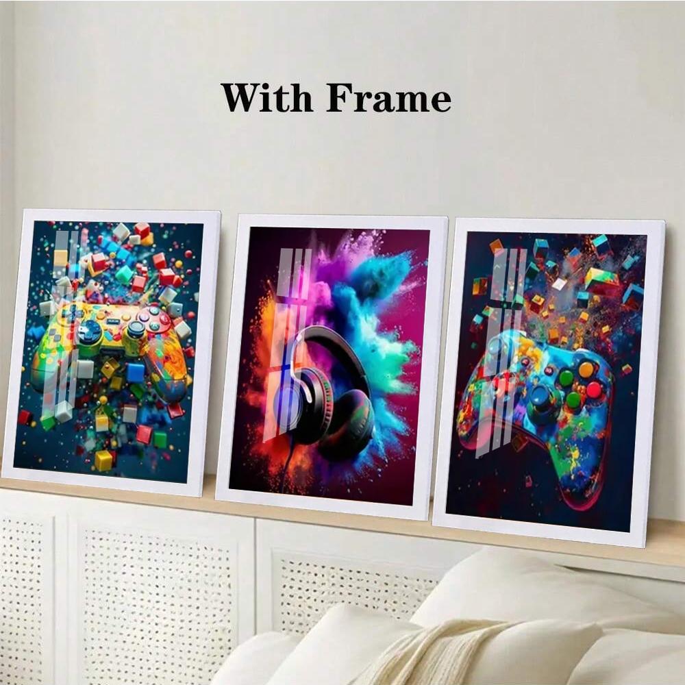 3-piece Color Game Art Set with Optional Wooden Frame Decoration - Vibrant Playstation Controller, Colorful Explosive Headphones, and Xbox Controller with Modern Dynamic Game Decoration, Perfect for Gaming Rooms or Teenage Bedrooms