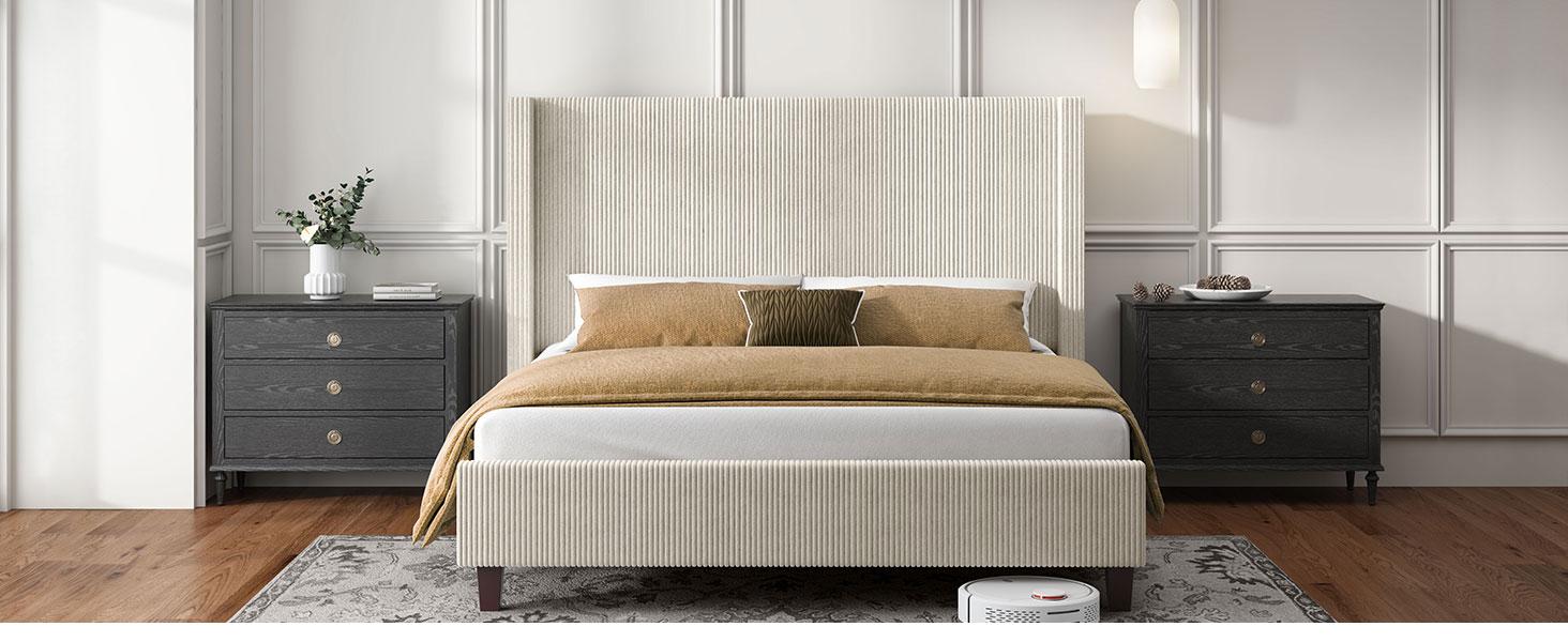 VanAcc Upholstered Platform Bed Frame, Wingback Bed with 50.8" Headboard, Modern Corduroy Design, Solid Wood Leg/No Box Spring Needed, Unique Bedroom Furniture