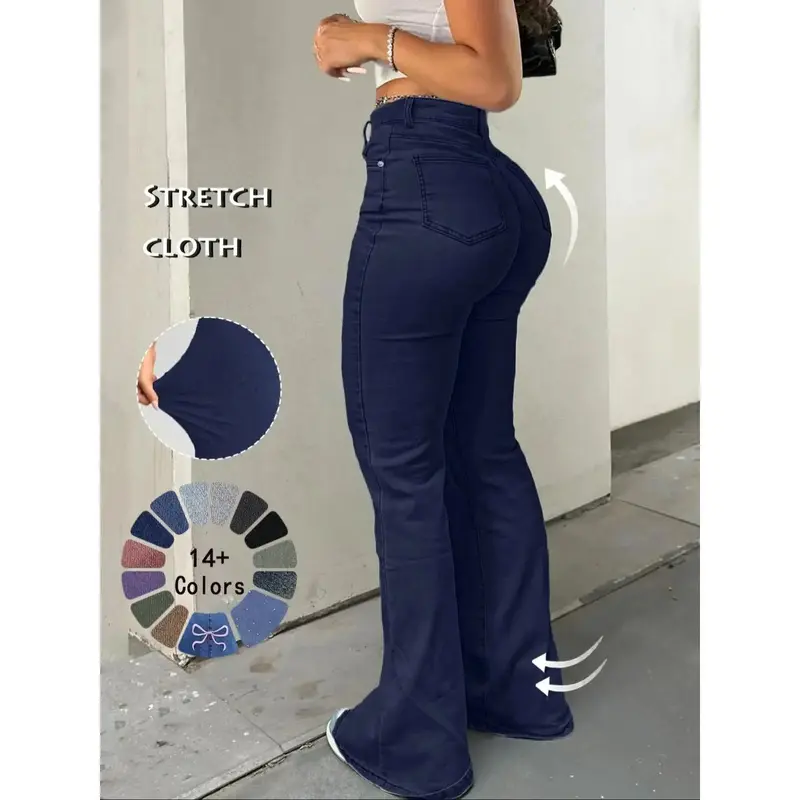 Women's High Waist Flare Leg Jeans, Casual Button Fly Pocket Design Bell Bottom Denim Trousers for Fall & Winter, Women's Bottoms for Daily Wear, Women Jeans Stretch Tights with