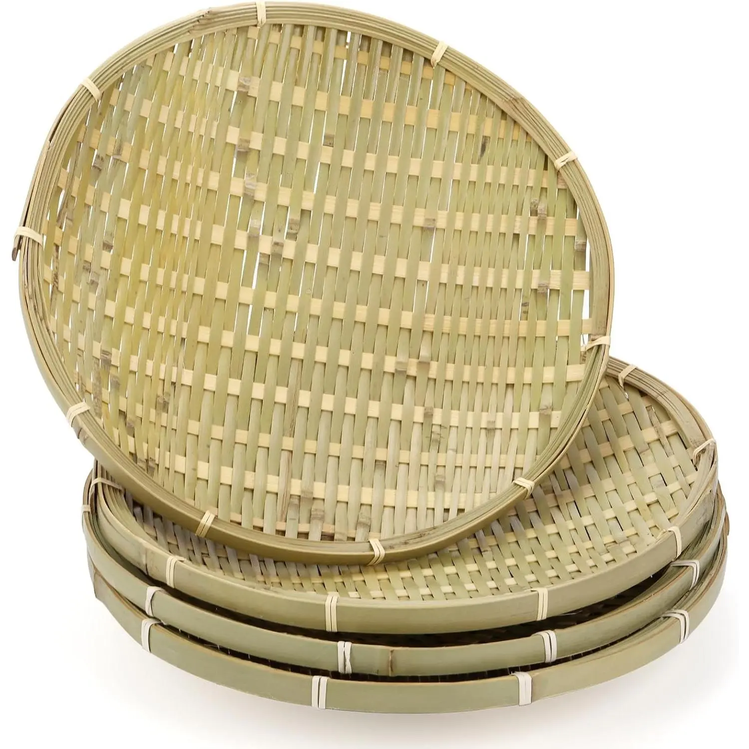 4 Packs Bamboo Basket Tray, 12 In Round Hand Weave Bread Baskets for Serving, Woven Fruit Basket, Rattan Serving Basket for Garden, Daily Dinning, Kitchen Organization, Stackable