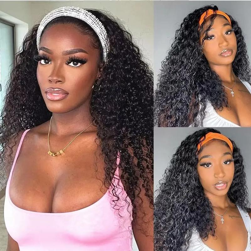 Bling Hair Headband Wig Human Hair Deep Wave Kinky Curly None Lace Front Wig Human Hair Machine Made Wigs 180% Density Headband Curly Human Hair Wigs for Women Natural Color TikTokShopBlackFriday