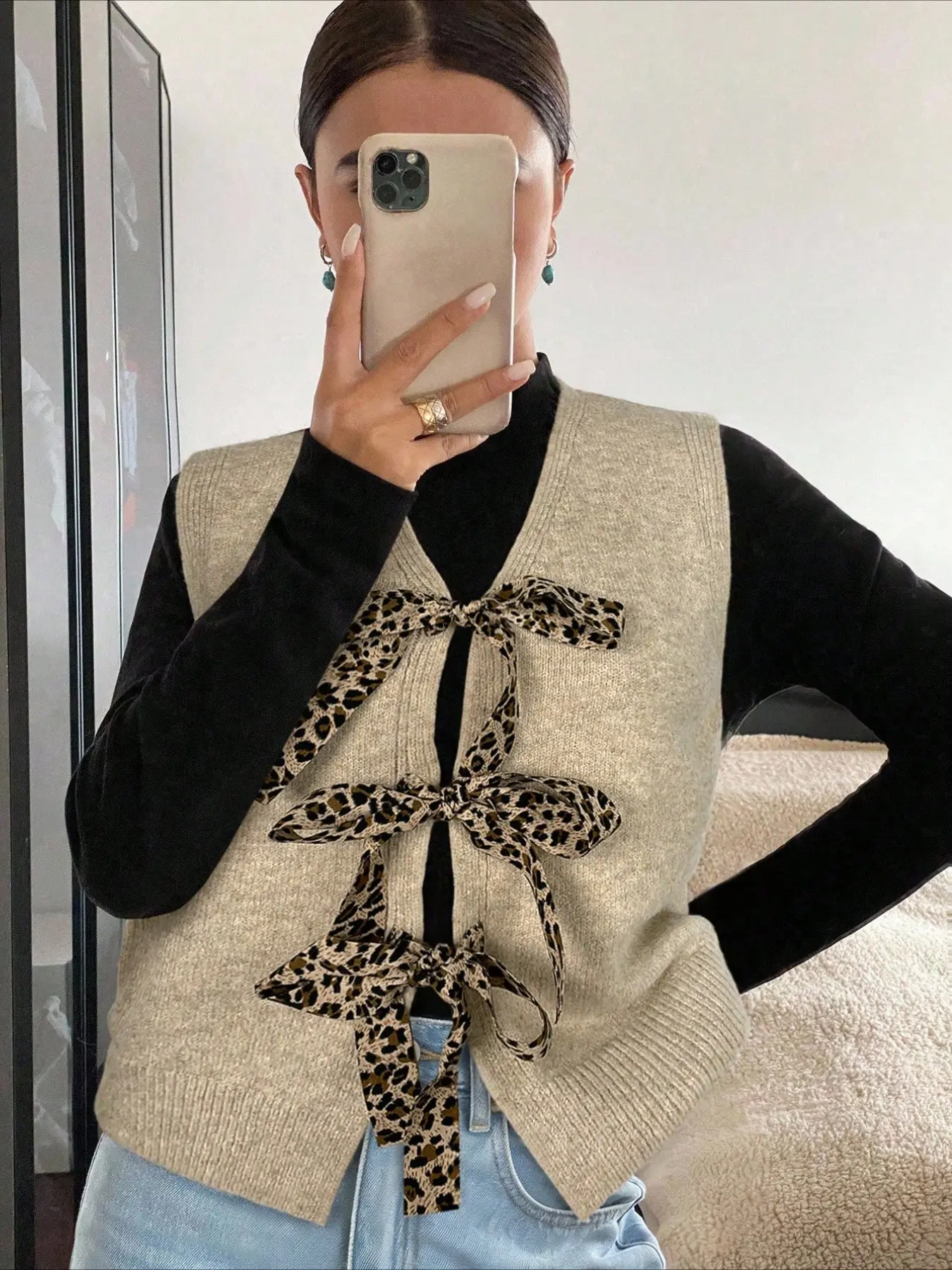 New Women's Elegant Outdoor V-Neck Leopard Print Bow Tie Strap Solid Color Knit Open Front Vest Top, Perfect for Spring, Y2K, Casual Wear