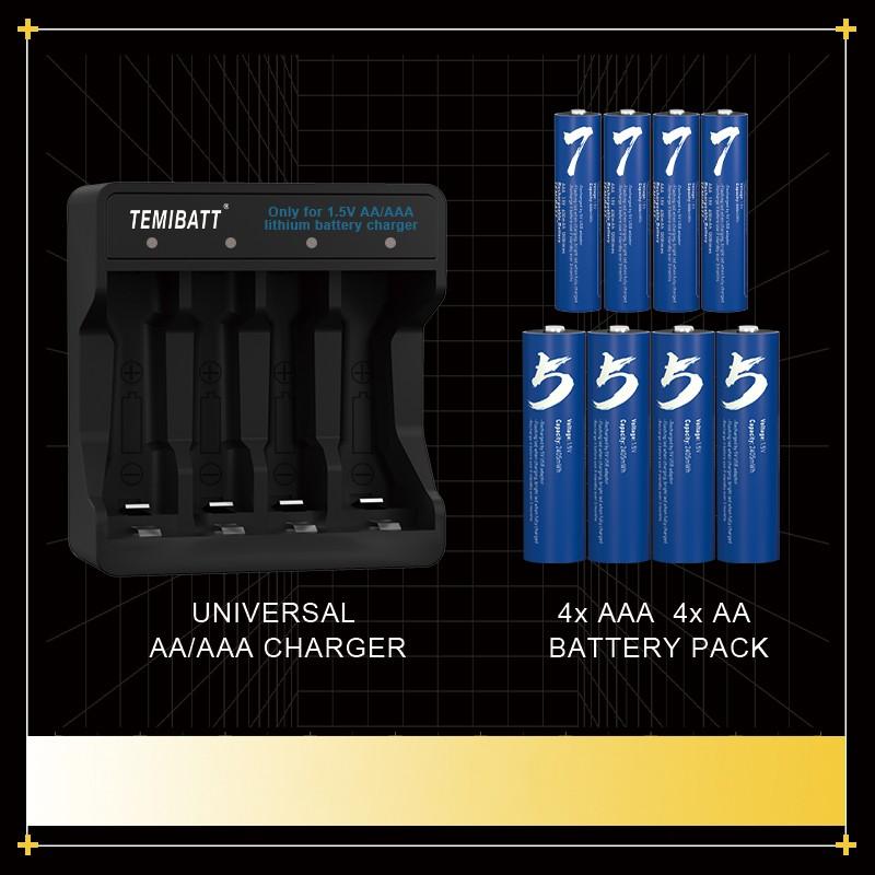 4 Pack Aa + 4 Pack Aaa Rechargeable Lithium Batteries with Battery Charger Kit, Eco-Friendly Power Solution for Household Devices, Long-Lasting and Reliable Performance