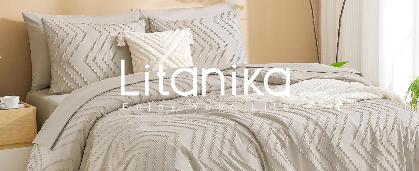 Litanika 7-Piece Bedding Set - Queen Chevron Tufted Comforter with Sheets | Beige Neutral Collection