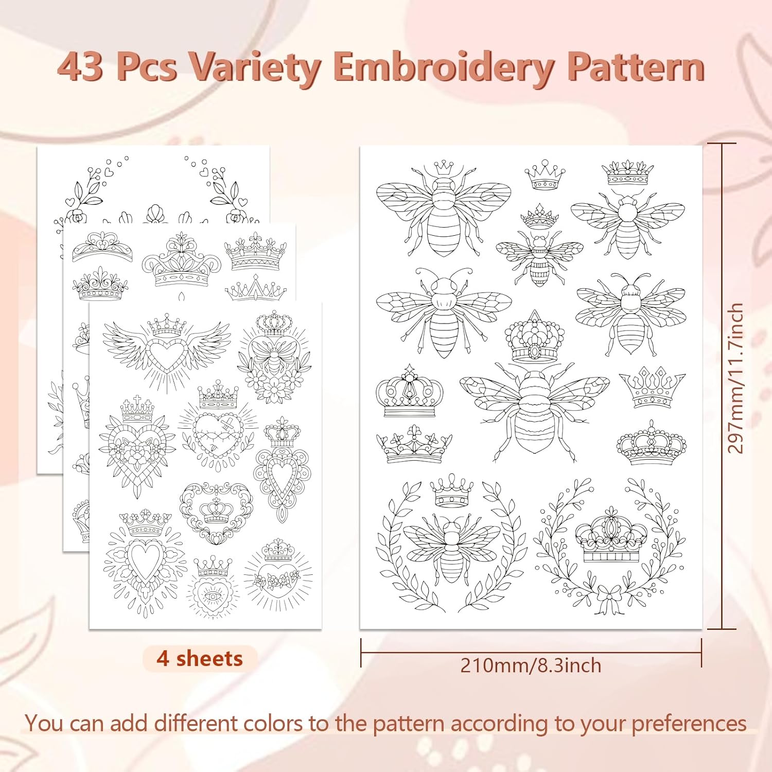 43Pcs Bee With Crown Water-Soluble Embroidery Patterns, Plant Pre-Printed Stabilizer Embroidery Stickers, Non-Woven Self-Stick Embroidery Stickers