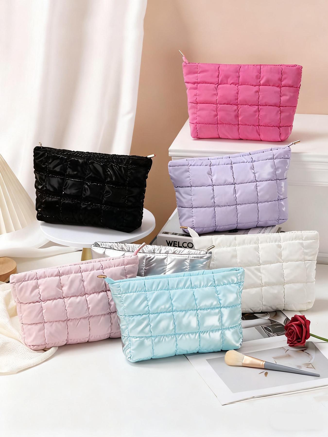 Ladies' minimalist fashion diamond-pattern makeup bag, casual textured quilted women's bag, suitable for daily business trips and travel, easy to carry, Makeup Organizer Pouch, Handheld Cosmetic Pouch