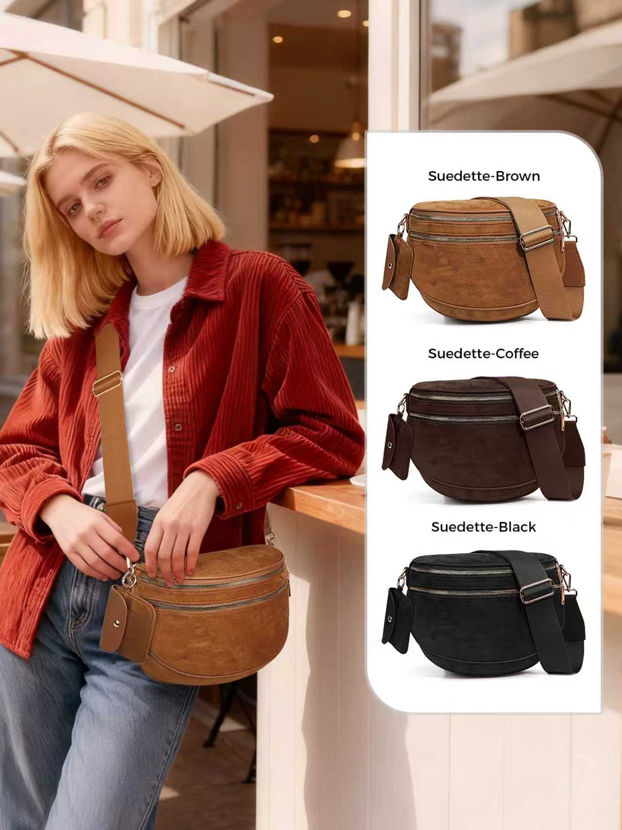 Trendy Suedette Crossbody Bag, Spacious Bum Bags for Women, Large Imitation Suede Shoulder Fanny Packs, Casual Sling Purse with Adjustable Strap and Coin Wallet, Ladies' Saddle Handbags for Daily Outdoor, Casual Commuter Bag