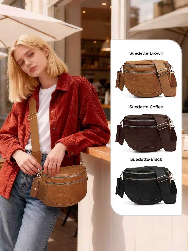 Trendy Suedette Crossbody Bag, Spacious Bum Bags for Women, Large Imitation Suede Shoulder Fanny Packs, Casual Sling Purse with Adjustable Strap and Coin Wallet, Ladies' Saddle Handbags for Daily Outdoor, Casual Commuter Bag