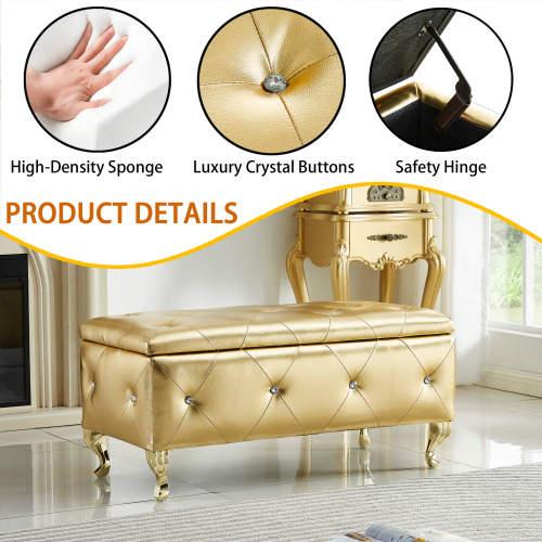 [Bellemave]Upholstered Storage Ottoman Bench For Bedroom End Of Bed Faux Leather Rectangular Storage Benches Footrest With Crystal Buttons For Living Room Entryway